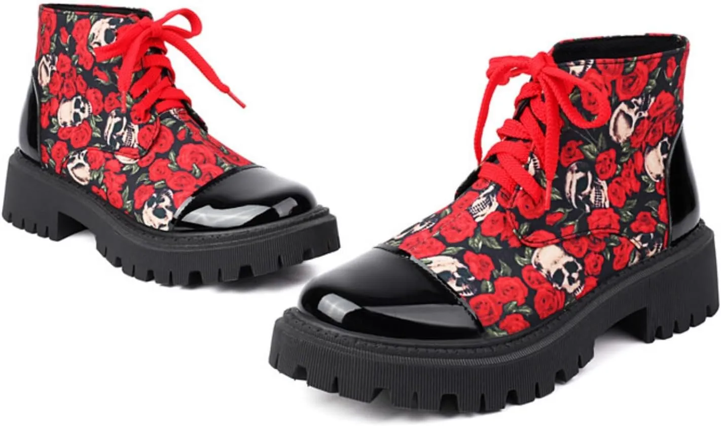 Aflngle Women's Block Platform Floral Pattern Lace Up Flat Ankle Boots Fashion Round Toe Low Heel Gothic Combat Boots Punk Motorcycle Short Booties