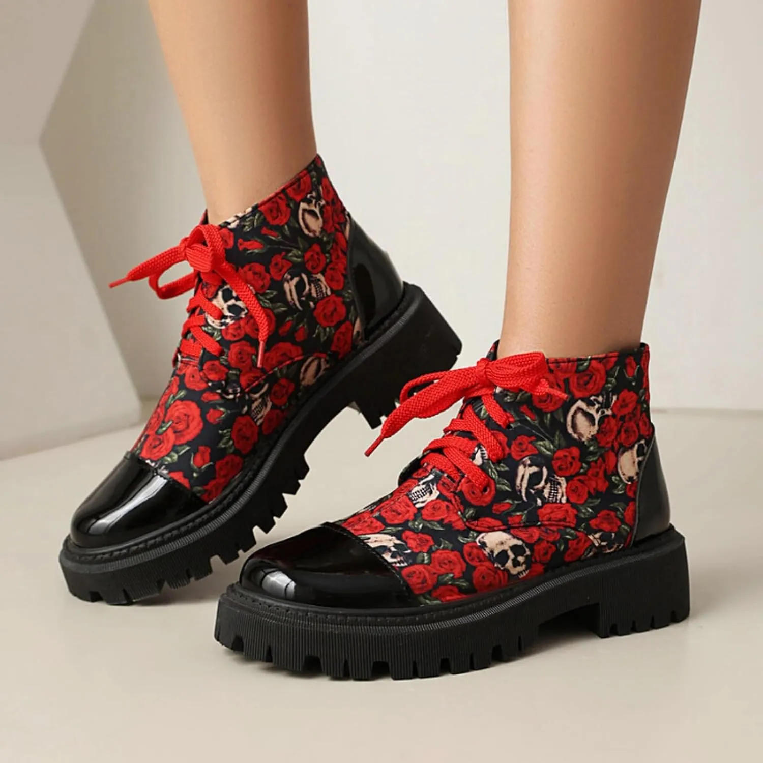 Aflngle Women's Block Platform Floral Pattern Lace Up Flat Ankle Boots Fashion Round Toe Low Heel Gothic Combat Boots Punk Motorcycle Short Booties