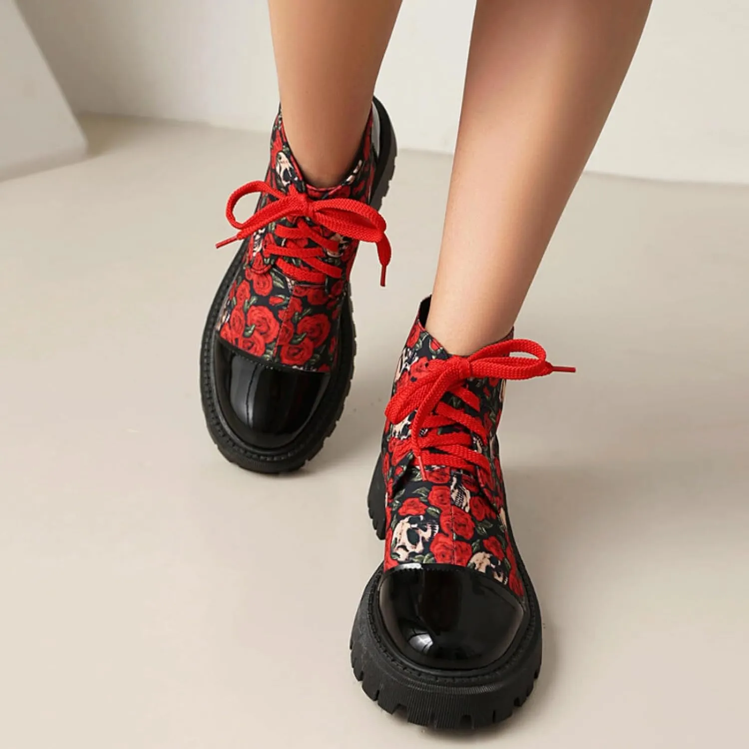 Aflngle Women's Block Platform Floral Pattern Lace Up Flat Ankle Boots Fashion Round Toe Low Heel Gothic Combat Boots Punk Motorcycle Short Booties