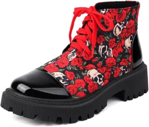 Aflngle Women's Block Platform Floral Pattern Lace Up Flat Ankle Boots Fashion Round Toe Low Heel Gothic Combat Boots Punk Motorcycle Short Booties