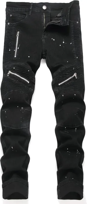 AITITIA Men's Biker Zipper Deco Washed Straight Fit Jeans