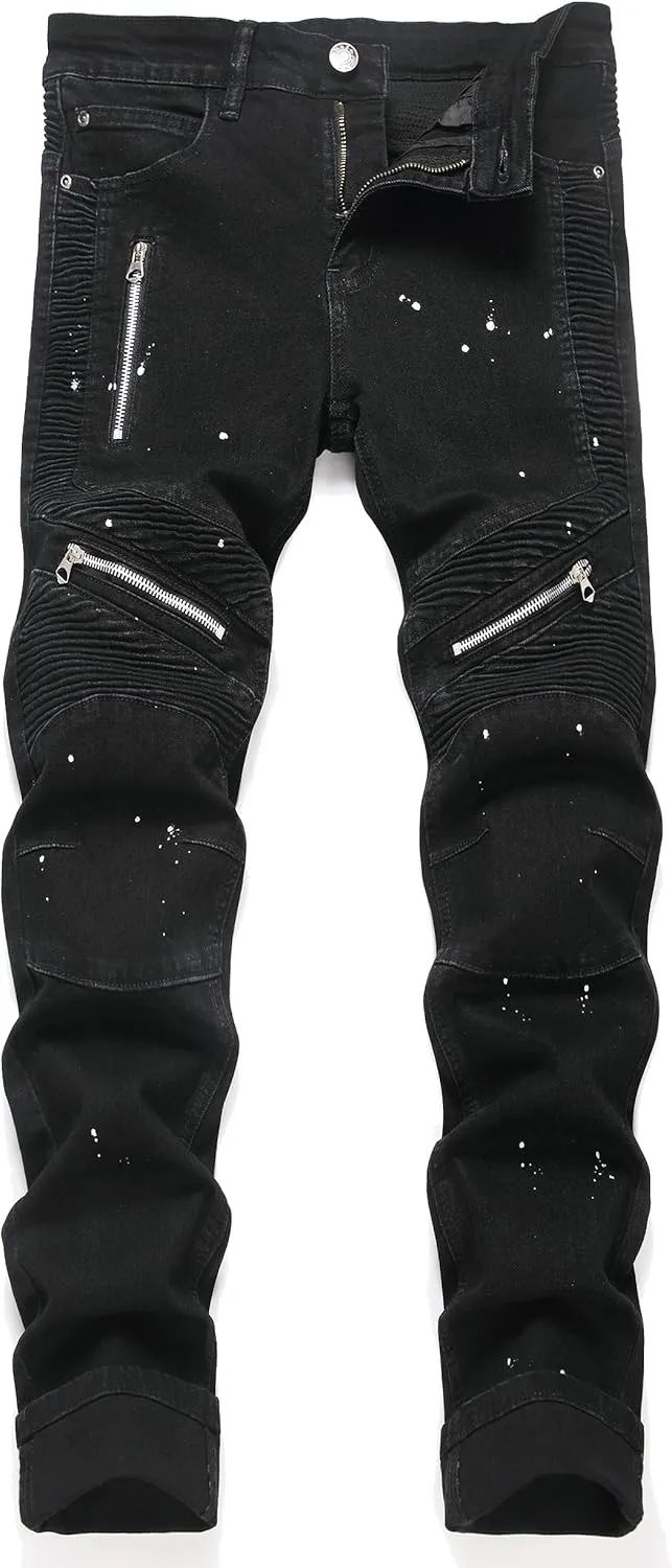 AITITIA Men's Biker Zipper Deco Washed Straight Fit Jeans