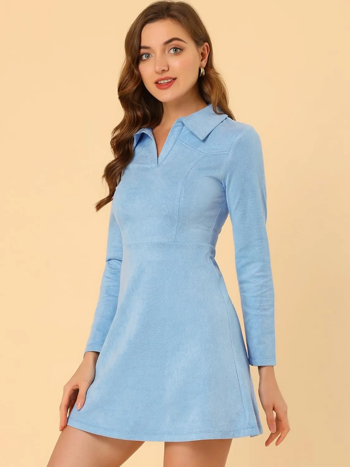 Allegra K Women's Faux Suede Dress V Neck Long Sleeve 2024 Fall Winter A-Line Mini Dress