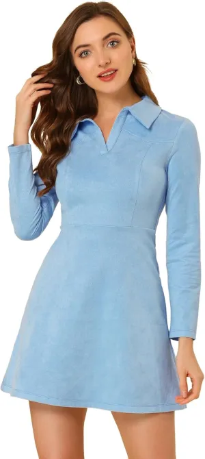 Allegra K Women's Faux Suede Dress V Neck Long Sleeve 2024 Fall Winter A-Line Mini Dress