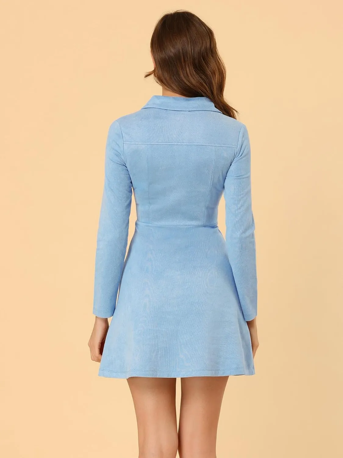 Allegra K Women's Faux Suede Dress V Neck Long Sleeve 2024 Fall Winter A-Line Mini Dress