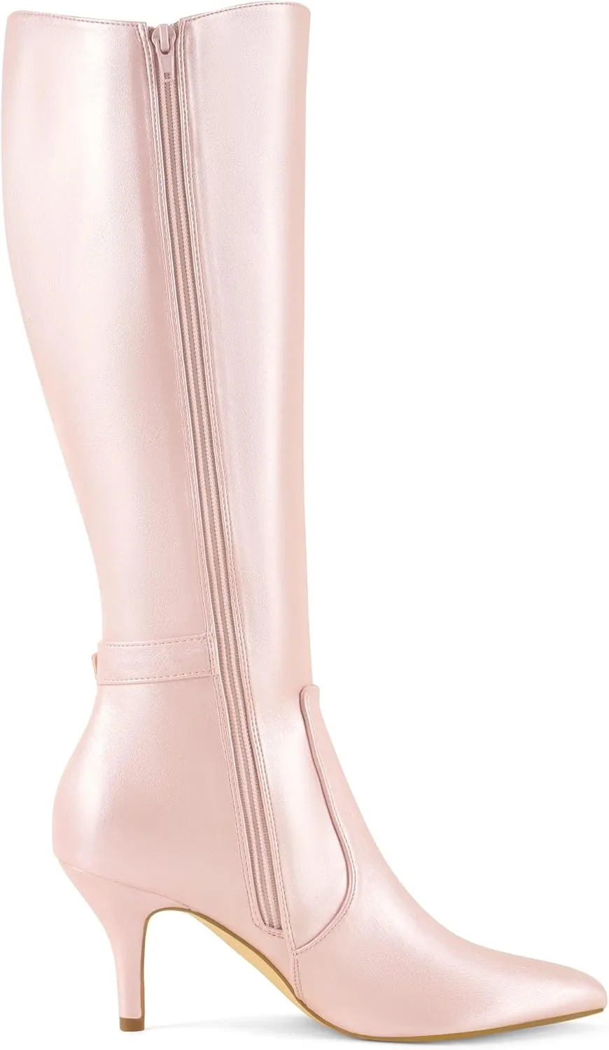 Allegra K Women's Pointy Toe Buckle Stiletto Heel Knee High Boots