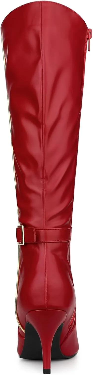 Allegra K Women's Pointy Toe Buckle Stiletto Heel Knee High Boots
