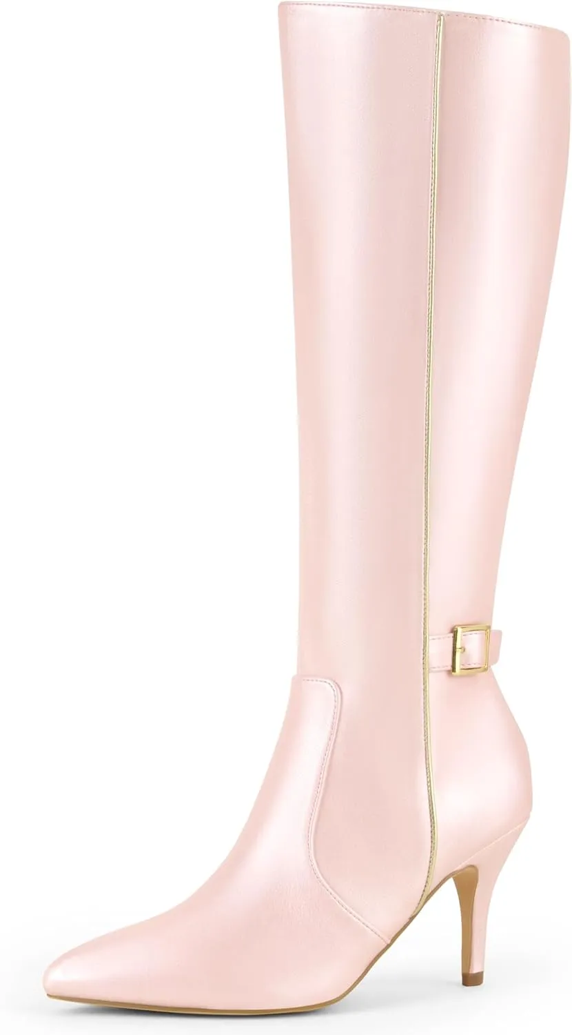 Allegra K Women's Pointy Toe Buckle Stiletto Heel Knee High Boots