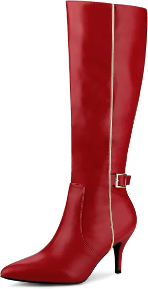 Allegra K Women's Pointy Toe Buckle Stiletto Heel Knee High Boots