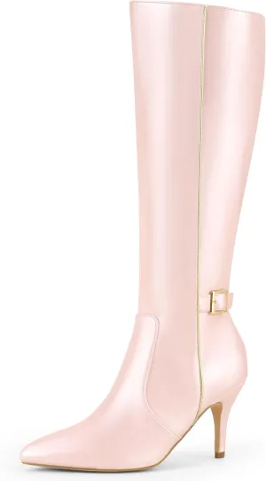 Allegra K Women's Pointy Toe Buckle Stiletto Heel Knee High Boots