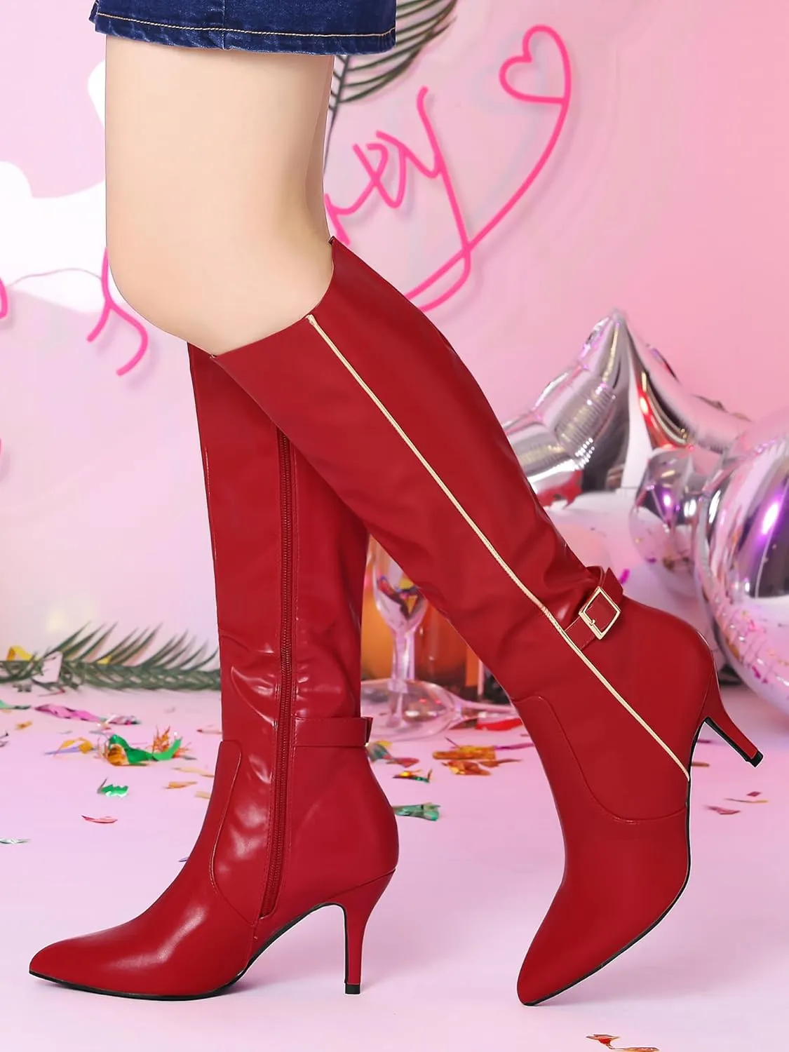 Allegra K Women's Pointy Toe Buckle Stiletto Heel Knee High Boots