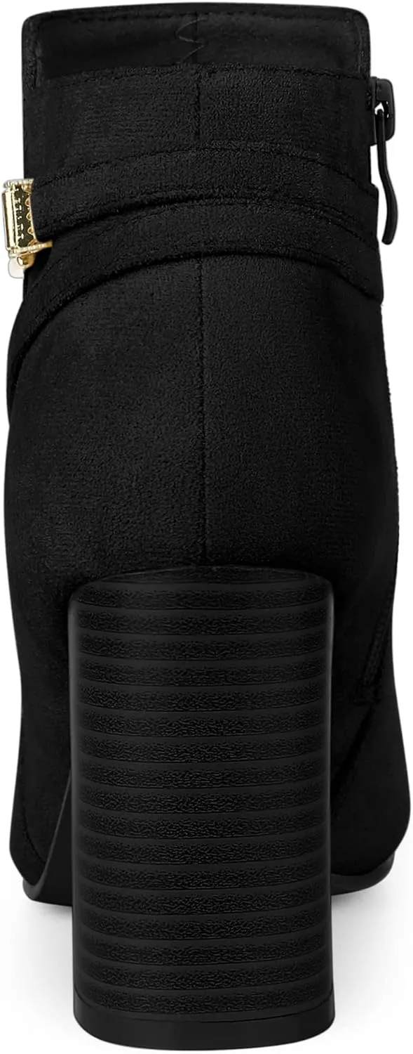 Allegra K Women's Round Toe Buckle Chunky Heels Ankle Boots
