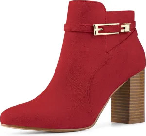 Allegra K Women's Round Toe Buckle Chunky Heels Ankle Boots