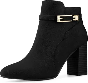 Allegra K Women's Round Toe Buckle Chunky Heels Ankle Boots
