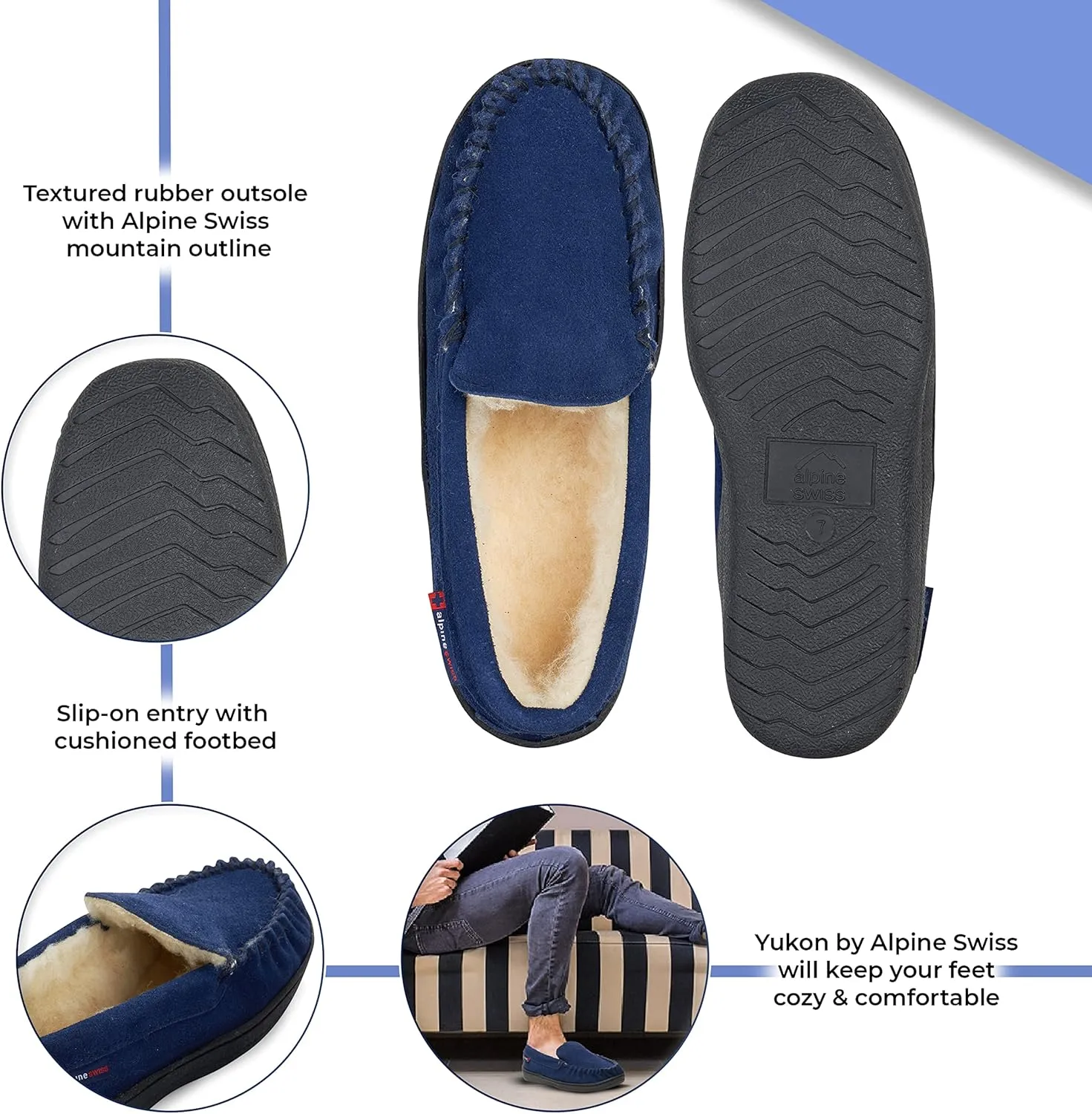 Alpine Swiss Yukon Mens Genuine Suede Shearling Slip On Moccasin Slippers