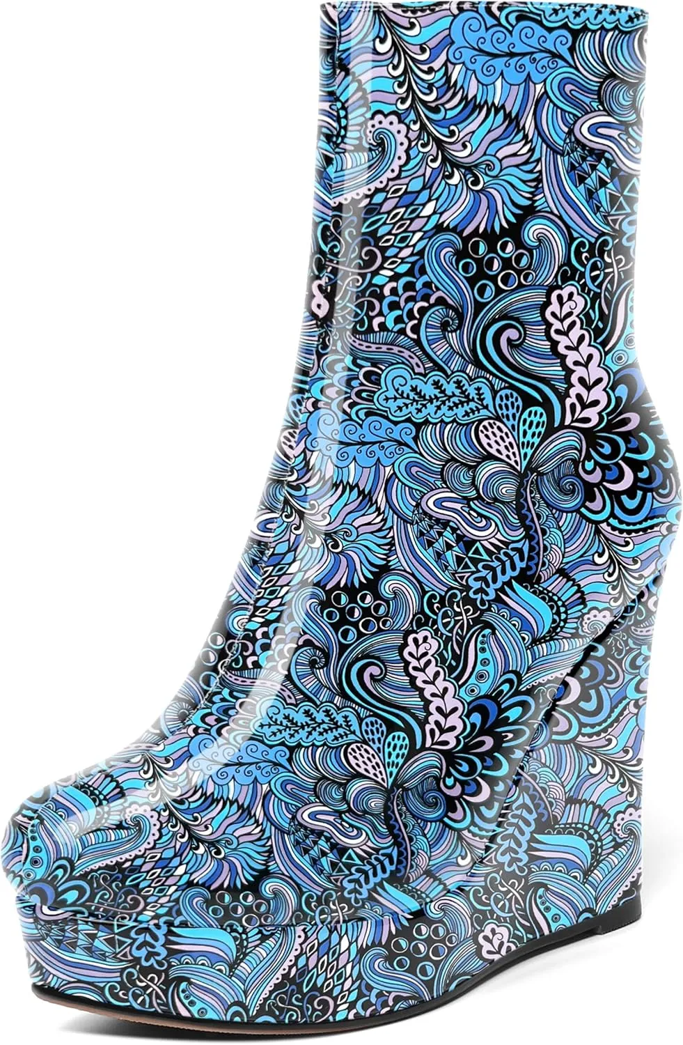 AMBELIGHT Womens Patent Ankle High Boots Sexy Zip Platform Solid Round Toe Wedge High Heel Mid Calf Boots 4 Inch