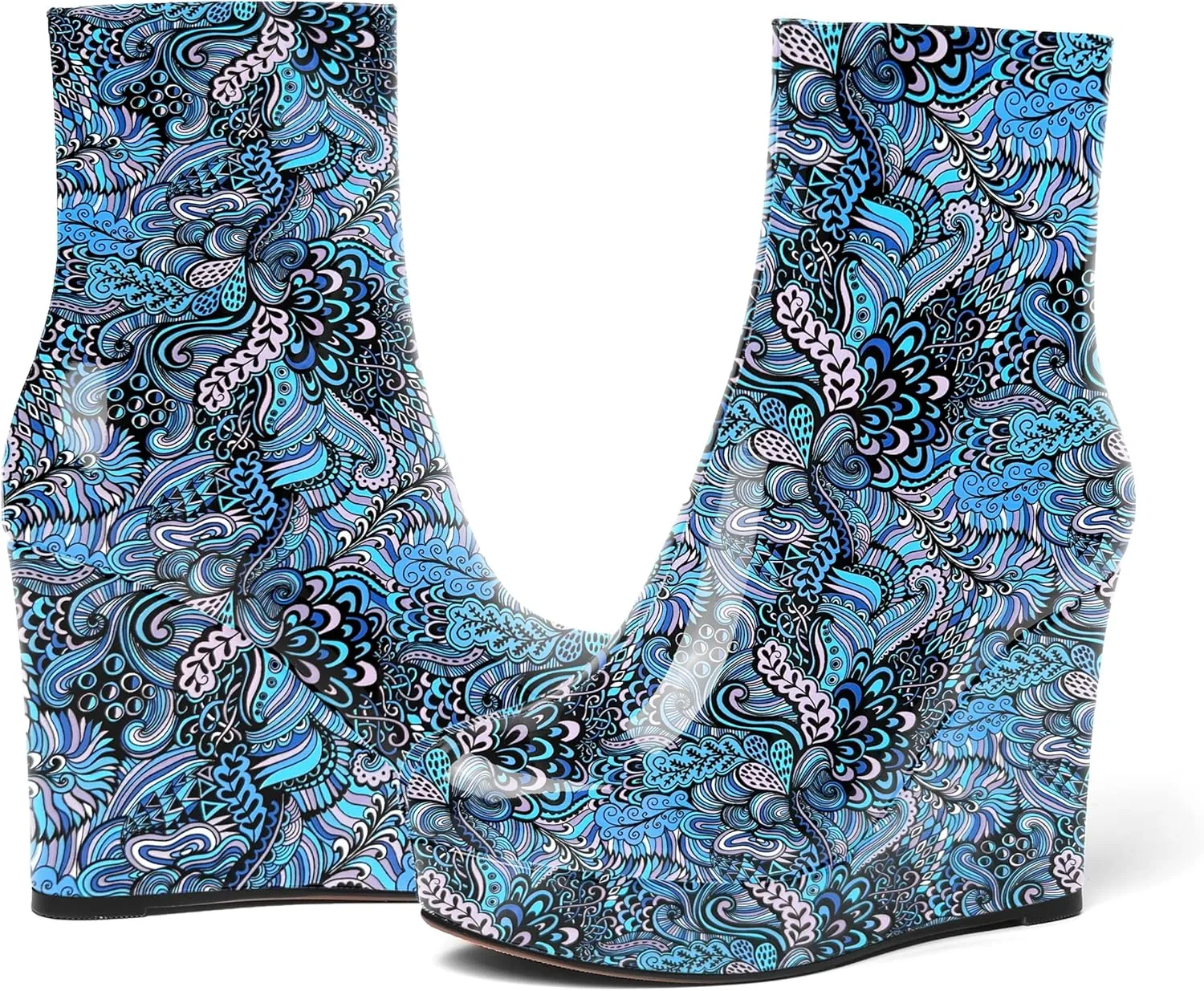 AMBELIGHT Womens Patent Ankle High Boots Sexy Zip Platform Solid Round Toe Wedge High Heel Mid Calf Boots 4 Inch