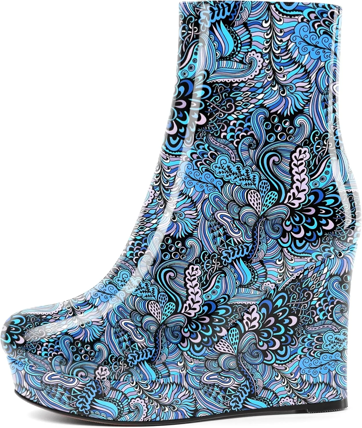 AMBELIGHT Womens Patent Ankle High Boots Sexy Zip Platform Solid Round Toe Wedge High Heel Mid Calf Boots 4 Inch