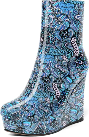 AMBELIGHT Womens Patent Ankle High Boots Sexy Zip Platform Solid Round Toe Wedge High Heel Mid Calf Boots 4 Inch