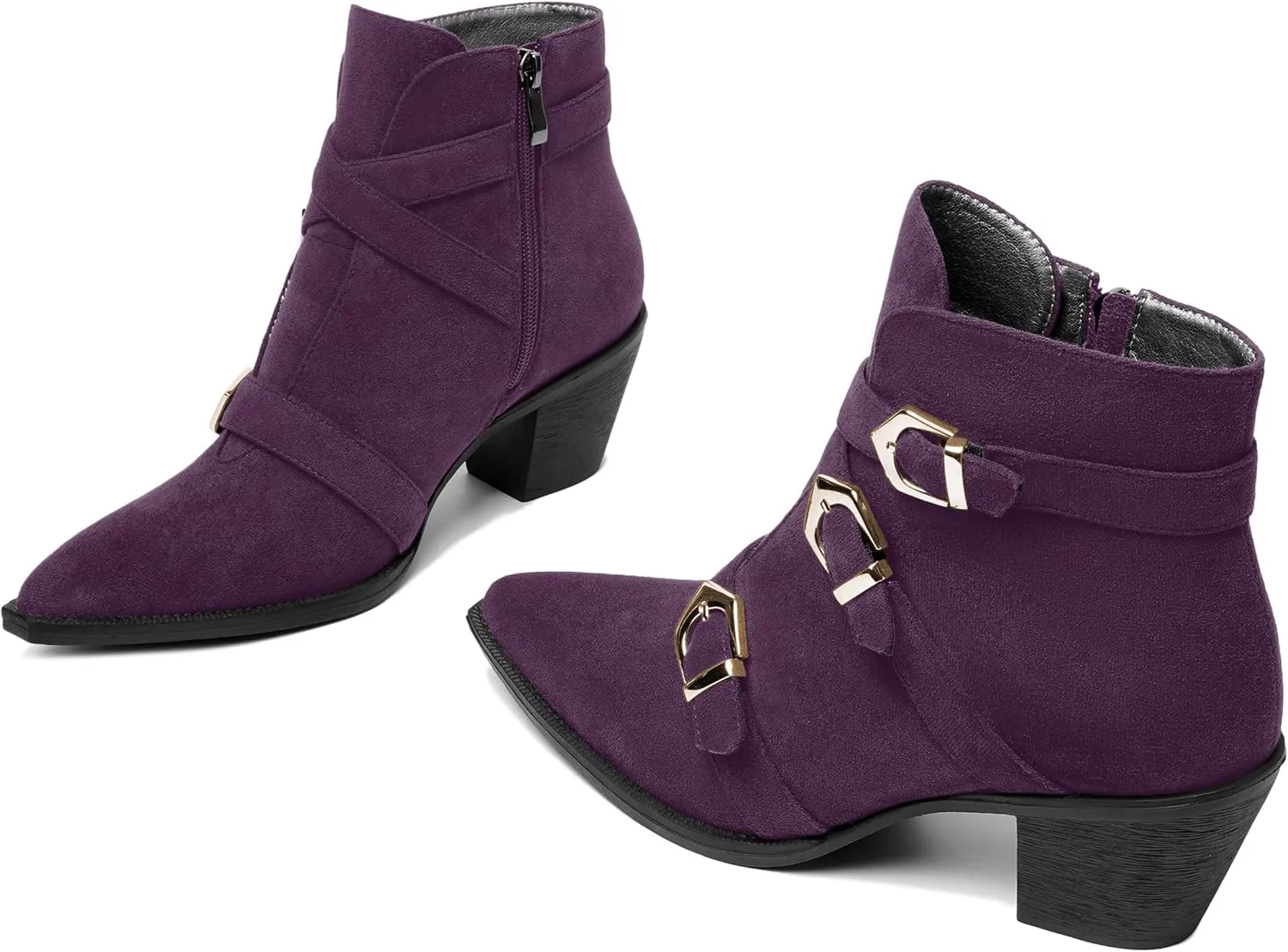 AMBELIGHT Womens School Bukcle Zip Suede Fashion Pointed Toe Chunky Low Heel Ankle High Boots 2.5 Inch
