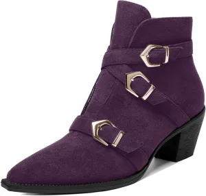 AMBELIGHT Womens School Bukcle Zip Suede Fashion Pointed Toe Chunky Low Heel Ankle High Boots 2.5 Inch