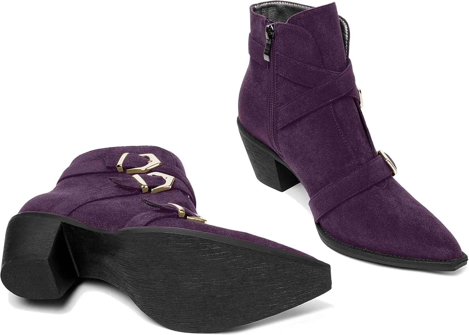 AMBELIGHT Womens School Bukcle Zip Suede Fashion Pointed Toe Chunky Low Heel Ankle High Boots 2.5 Inch