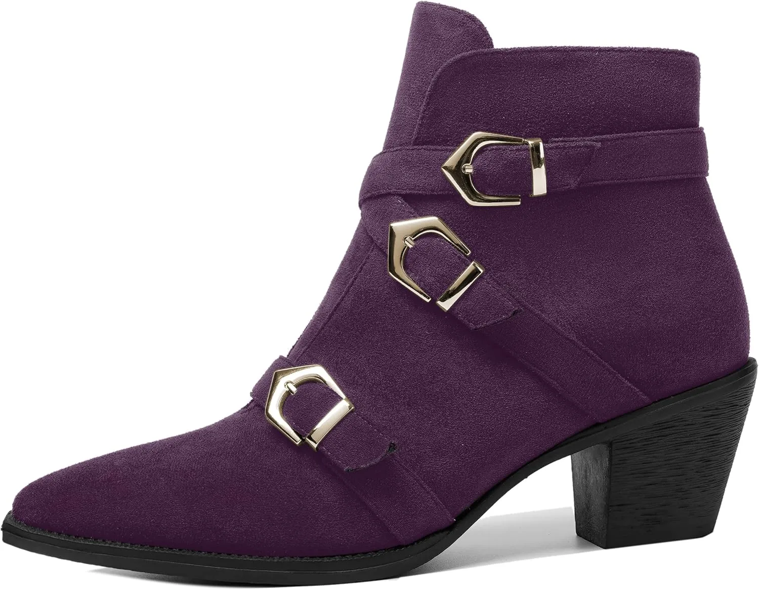 AMBELIGHT Womens School Bukcle Zip Suede Fashion Pointed Toe Chunky Low Heel Ankle High Boots 2.5 Inch