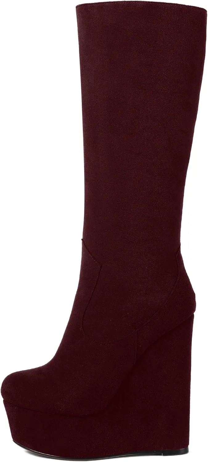 AMBELIGHT Womens Suede Party Platform Knee High Round Toe Zip Fashion Wedge High Heel Mid Calf Boots 6 Inch