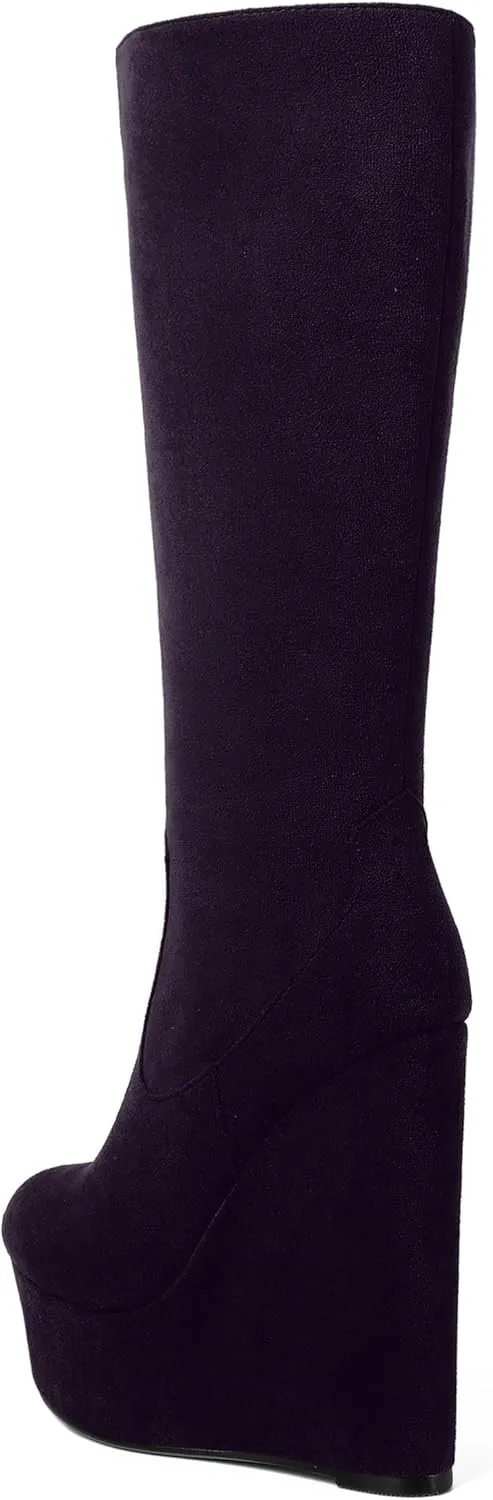 AMBELIGHT Womens Suede Party Platform Knee High Round Toe Zip Fashion Wedge High Heel Mid Calf Boots 6 Inch