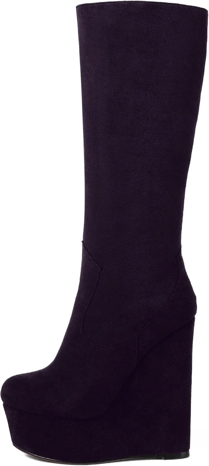 AMBELIGHT Womens Suede Party Platform Knee High Round Toe Zip Fashion Wedge High Heel Mid Calf Boots 6 Inch