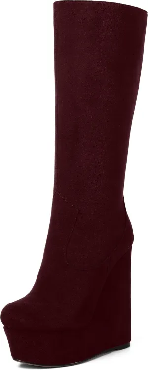AMBELIGHT Womens Suede Party Platform Knee High Round Toe Zip Fashion Wedge High Heel Mid Calf Boots 6 Inch
