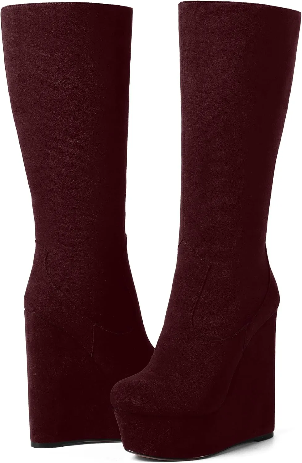 AMBELIGHT Womens Suede Party Platform Knee High Round Toe Zip Fashion Wedge High Heel Mid Calf Boots 6 Inch