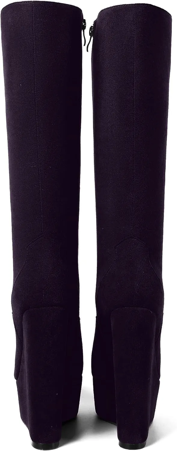 AMBELIGHT Womens Suede Party Platform Knee High Round Toe Zip Fashion Wedge High Heel Mid Calf Boots 6 Inch