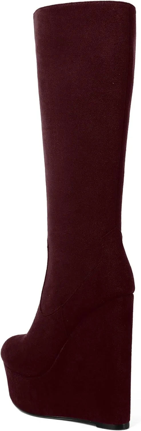 AMBELIGHT Womens Suede Party Platform Knee High Round Toe Zip Fashion Wedge High Heel Mid Calf Boots 6 Inch