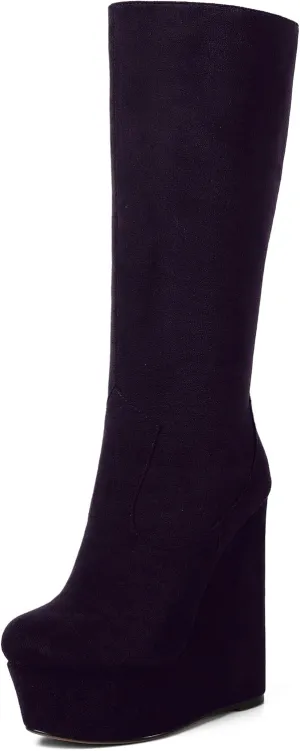 AMBELIGHT Womens Suede Party Platform Knee High Round Toe Zip Fashion Wedge High Heel Mid Calf Boots 6 Inch