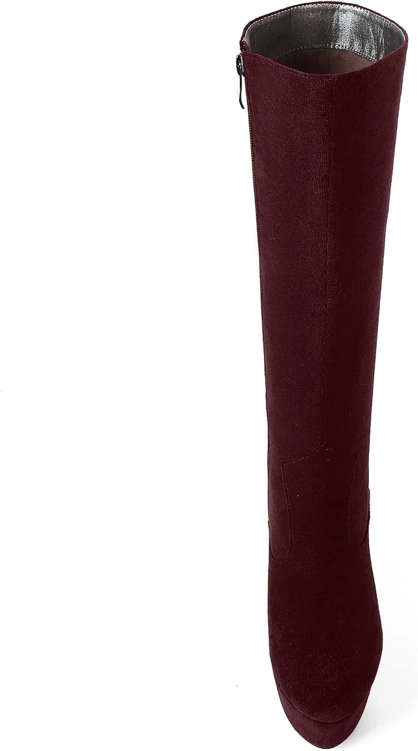 AMBELIGHT Womens Suede Party Platform Knee High Round Toe Zip Fashion Wedge High Heel Mid Calf Boots 6 Inch