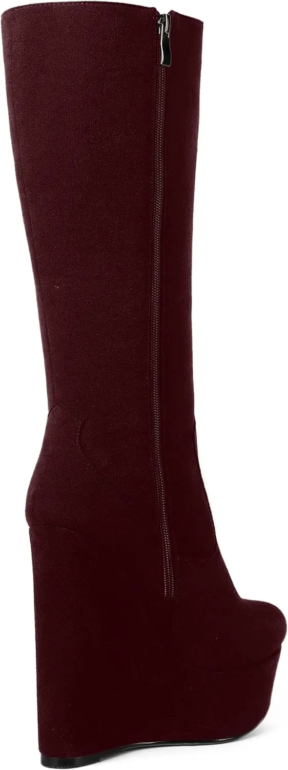 AMBELIGHT Womens Suede Party Platform Knee High Round Toe Zip Fashion Wedge High Heel Mid Calf Boots 6 Inch