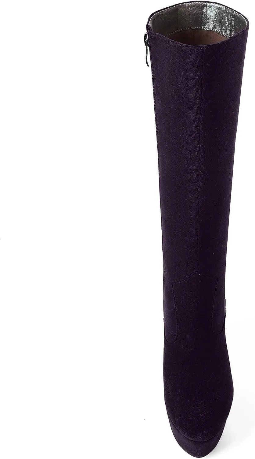 AMBELIGHT Womens Suede Party Platform Knee High Round Toe Zip Fashion Wedge High Heel Mid Calf Boots 6 Inch