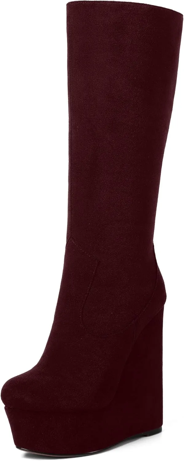 AMBELIGHT Womens Suede Party Platform Knee High Round Toe Zip Fashion Wedge High Heel Mid Calf Boots 6 Inch