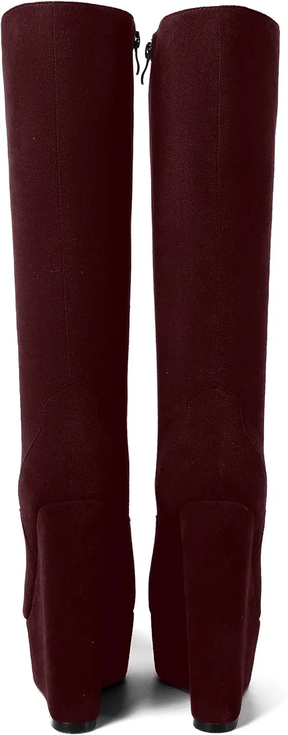 AMBELIGHT Womens Suede Party Platform Knee High Round Toe Zip Fashion Wedge High Heel Mid Calf Boots 6 Inch