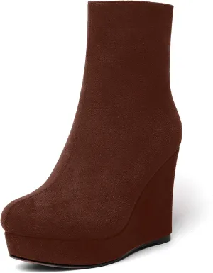 AMBELIGHT Womens Suede Round Toe Wedge Boots Night Club Zip Fashion Platform Wedge High Heel Ankle High Boots 4 Inch