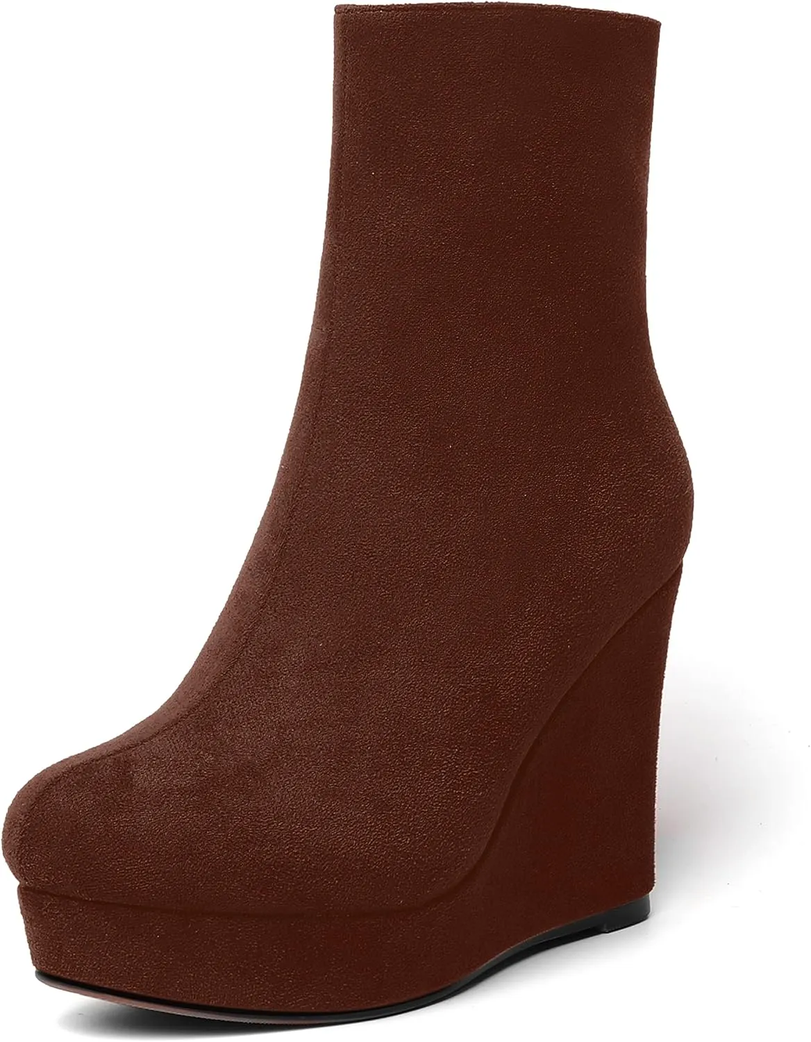 AMBELIGHT Womens Suede Round Toe Wedge Boots Night Club Zip Fashion Platform Wedge High Heel Ankle High Boots 4 Inch