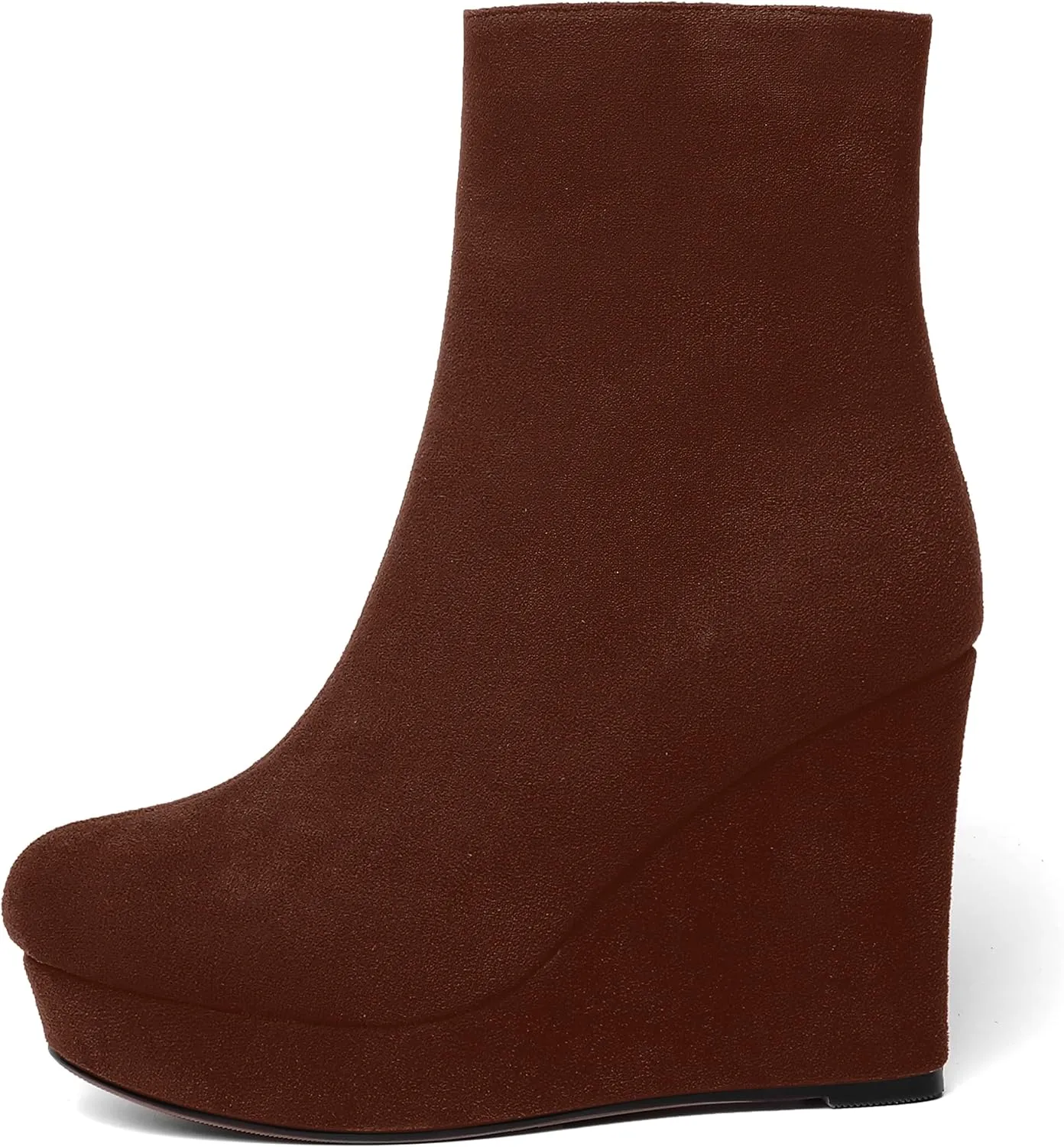 AMBELIGHT Womens Suede Round Toe Wedge Boots Night Club Zip Fashion Platform Wedge High Heel Ankle High Boots 4 Inch
