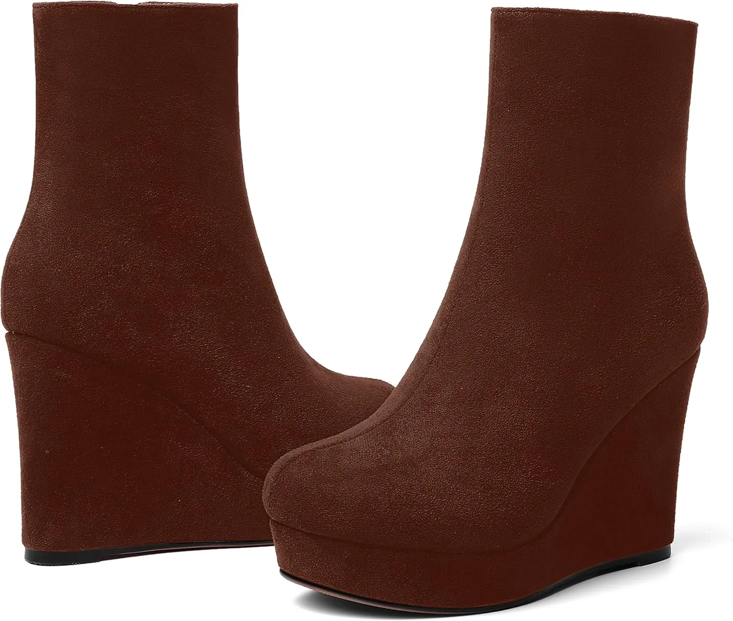 AMBELIGHT Womens Suede Round Toe Wedge Boots Night Club Zip Fashion Platform Wedge High Heel Ankle High Boots 4 Inch