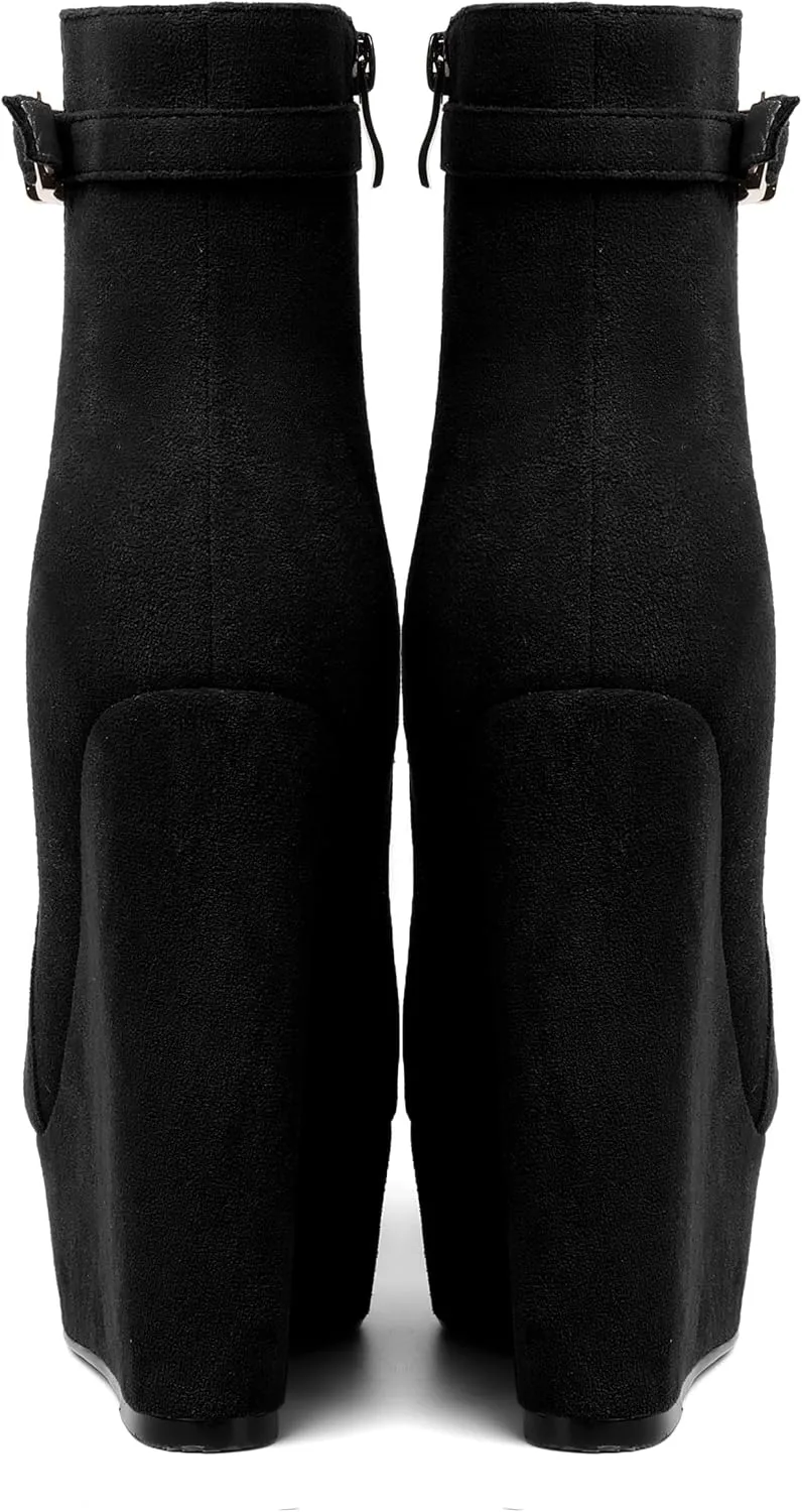 AMBELIGHT Womens Suede Zip Dress Platform Round Toe Solid Wedge High Heel Ankle High Boots 6 Inch