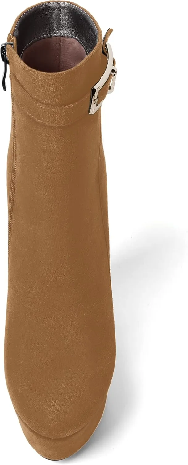 AMBELIGHT Womens Suede Zip Dress Platform Round Toe Solid Wedge High Heel Ankle High Boots 6 Inch
