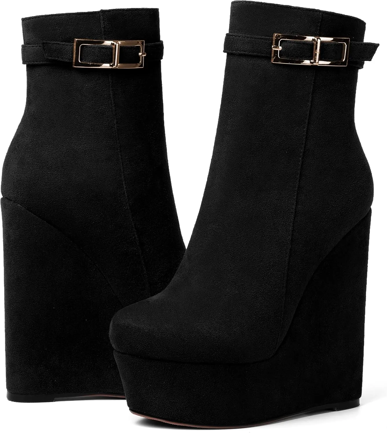 AMBELIGHT Womens Suede Zip Dress Platform Round Toe Solid Wedge High Heel Ankle High Boots 6 Inch