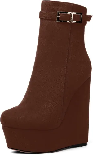 AMBELIGHT Womens Suede Zip Dress Platform Round Toe Solid Wedge High Heel Ankle High Boots 6 Inch