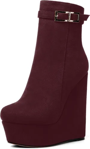 AMBELIGHT Womens Suede Zip Dress Platform Round Toe Solid Wedge High Heel Ankle High Boots 6 Inch
