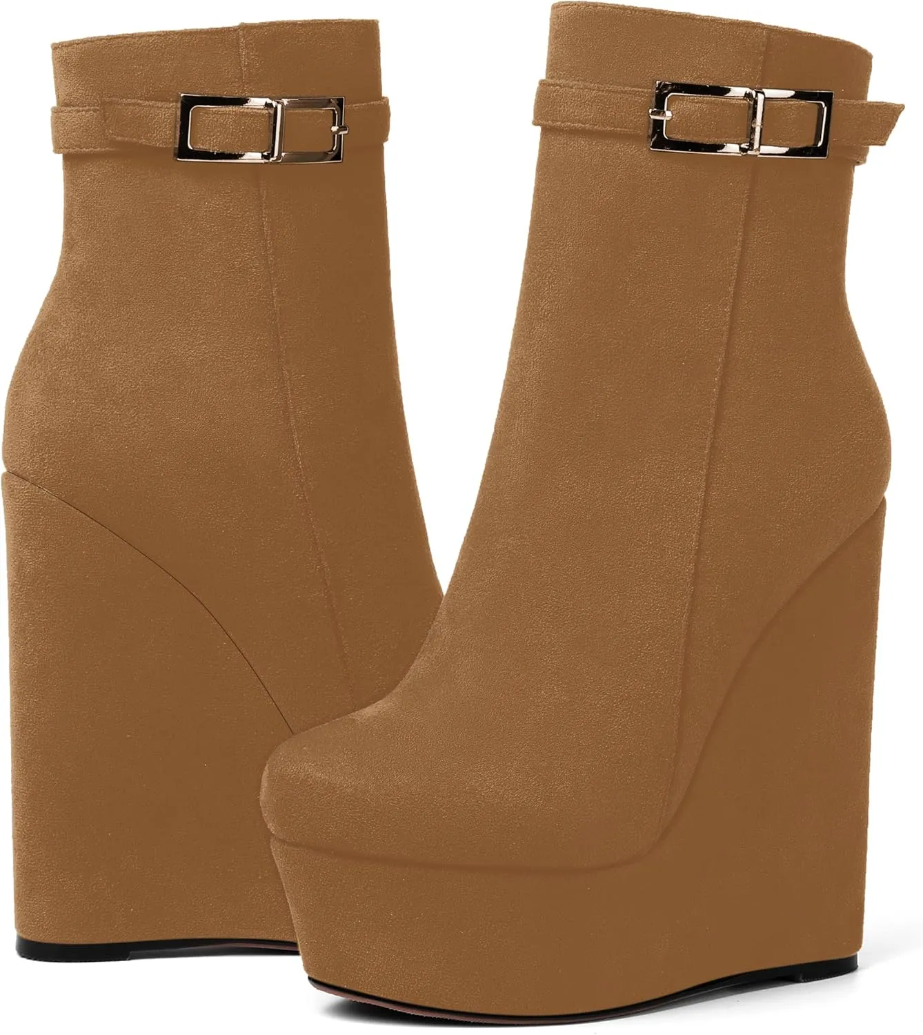 AMBELIGHT Womens Suede Zip Dress Platform Round Toe Solid Wedge High Heel Ankle High Boots 6 Inch